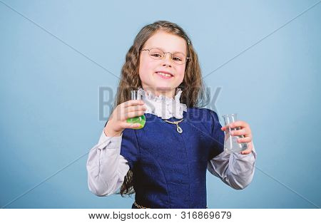 Science Research In Lab. Small Genius Girl. Child Study Bilogy Lesson. Discover Future. Back To Scho