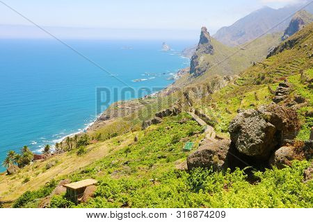 Beautiful Rural Park Of Anaga With Rock Mountains Seascape Nature Vegetations Toursim In Tenerife.