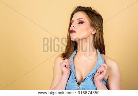 Dark Lips And Smoky Eyes. Perfect Makeup. Confident In Her Impeccable Appearance. Makeup Cosmetics C