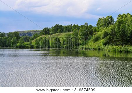 Landscape: Forest And River, Horizontal Photo Hunder Sky