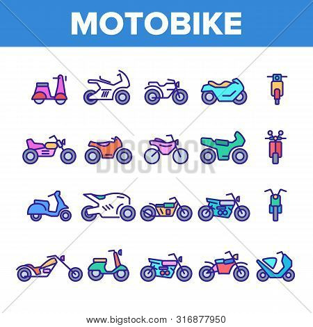 Color Motorbike Thin Line Icons Set Vector. Scooter And Motor Bicycle, Speed Bike And Chopper Motorc