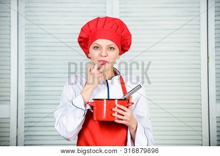 Butter Cream. Whipping Cream Tips And Tricks. Use Hand Whisk. Woman Chef Hold Whisk And Pot. Girl In