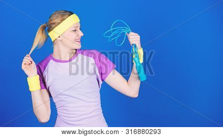 Sport Skipping Rope Equipment. Athletic Fitness. Strong Muscles And Power. Sporty Woman Training In 