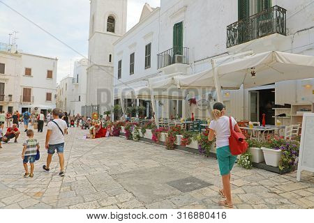 Polignano A Mare, Italy - July 28, 2019: View Of Main Square With Landmark In Polignano A Mare, Ital