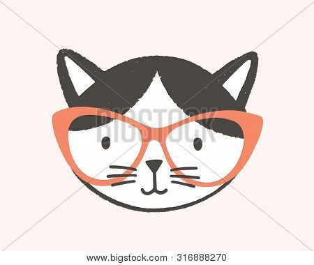 Funny Face Or Head Of Clever Cat Wearing Glasses. Cute Cartoon Muzzle Of Smart Kitten Isolated On Wh
