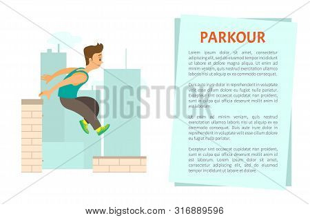 Extreme Sport Parkour Poster Decorated By Man Running By Roof, Buildings And Skyscrapers. Person In 