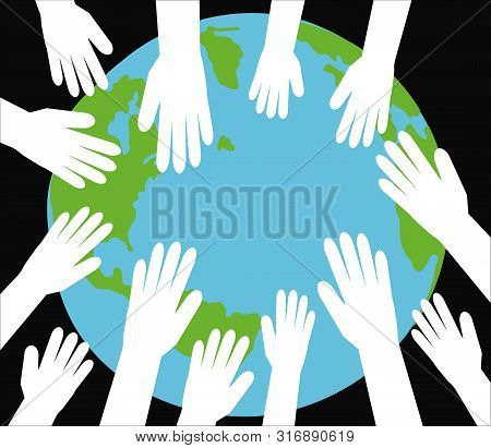 Hands Of People And Planet Earth On A Black Background. Vector Illustration.