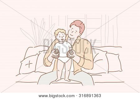 Concept Of Family, Fatherhood, Love. A Young Happy Man Is Holding His Child. F Ather With Little Dau