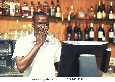 African Bartender Made A Mistake In The Bill, Emotiona Restaurant Worker Registrating New Order By C