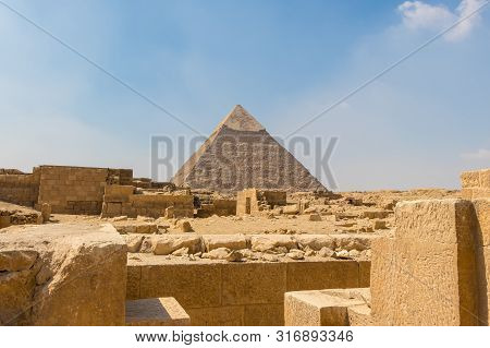 The Ancient Egyptian Pyramid Of Khafre With Ruins, Tombs And Monuments In Giza