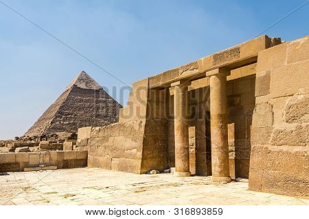 The Pyramid Of Khafre (the Pyramid Of Chephren) At Giza With The Egyptian Temple