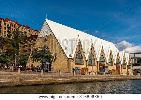 Gothenburg, Sweden - July 17, 2019: Low Angle Sea View Of The Church Like Famous Historic Feskekorka