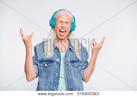 Portrait Of Funky Humorous Lady Listening Pank Melodies Celebrating Close Eyes Isolated Over White B