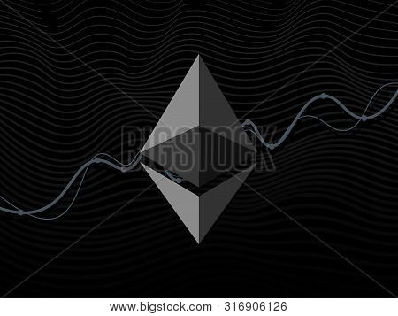 Ethereum Sign On Growing Chart. Black Background. Electronic Money. Cryptocurrency. Financial And Ba