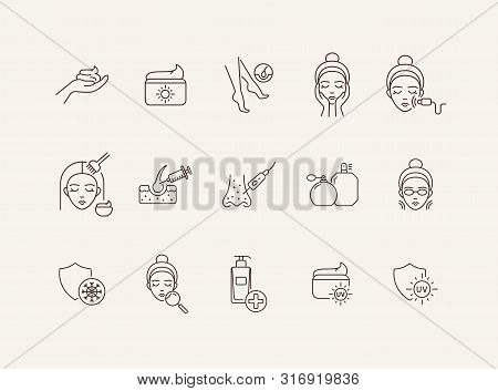 Acne Line Icon Set. Female Face, Massage, Peeling, Cream. Skin Care Concept. Can Be Used For Topics 