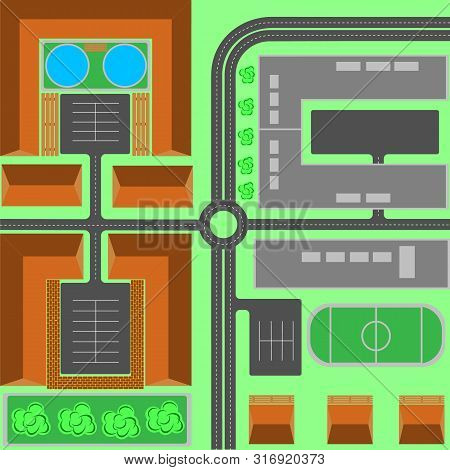 Seamless Repeating Background Urban Pattern. Top View Of The City Quarter With Streets, Houses, Tree