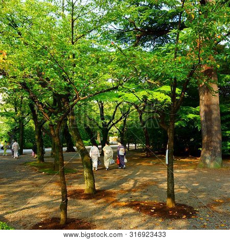 Tokyo / Japan - Sept 16 2018: Yasukuni Jinja Inner Garden. Japanese Women In Kimono Walk In Yasukuni