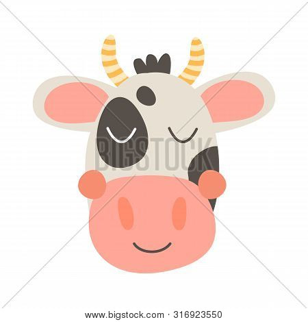 Cute Funny Farm Animal For Kids. Nursery Print Head Cartoon Cow. Black, White And Pink.