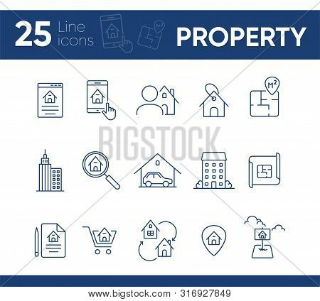 Property Line Icon Set. House, Garage, Apartment, Floor Plan. Home Concept. Can Be Used For Topics L