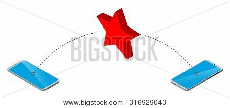 Icon Is Red Star Between Two Smartphones. Isometry, Isolated.message Transmission
