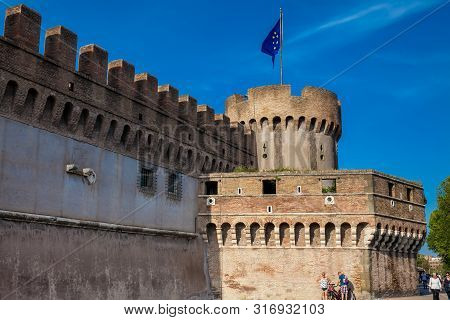 Rome, Italy - April, 2018: The Beautiful Mausoleum Of Hadrian Also Called Sant Angelo Castle Built O