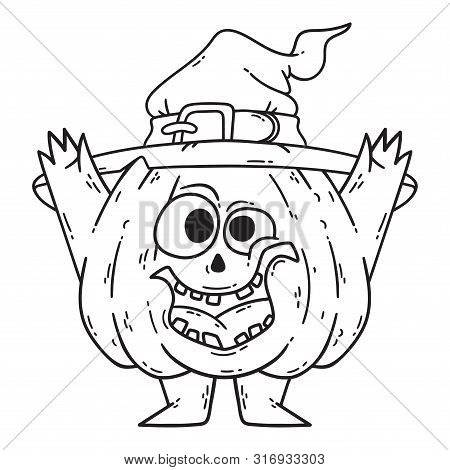Halloween Smiling Pumpkin With Hands And Legs. Pumpkin With Witch Hat. Pumpkinhead Jack. Vector Illu