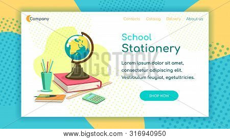 Landing Page Template. School Supplies On Desk. Bright Vector Illustration Concept For Websites