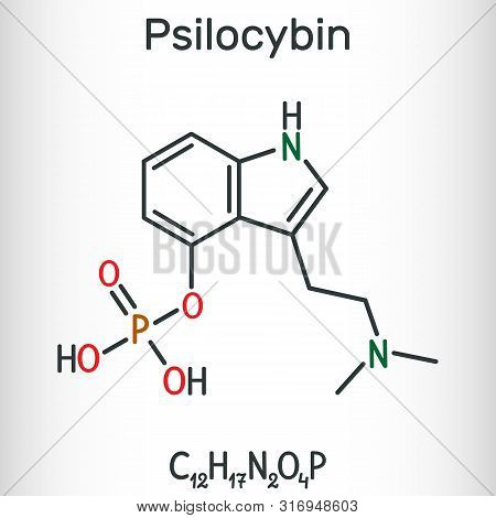 Psilocybin Alkaloid Molecule. It Is Naturally Psychedelic Prodrug. Structural Chemical Formula