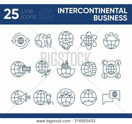 Intercontinental Business Line Icon Set. Partnership, Gear, Mobile Payment, World. Business Concept.