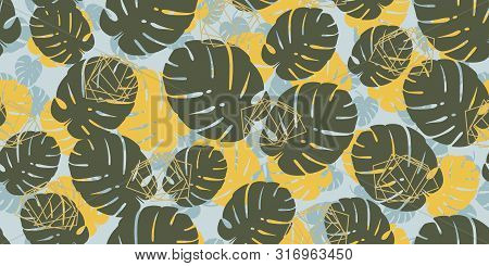 Retro Monstera Tropical Seamless Vector Pattern With Monstera Foliage Background. Exotic.
