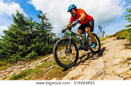 Mountain biker riding on bike in summer mountains forest landscape. Man cycling MTB flow trail track. Outdoor sport activity.