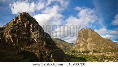 Panoramic View To Ollantaytambo Archaeological Site At Cuzco Province, Peru
