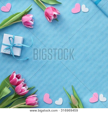 Springtime Flat Lay With Giift Boxes, Pink Tulips And Decorative Hearts, Square Composition With Spa