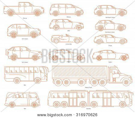 Car Body Style. Public Transport And Passenger Coupe. City Bus, Heavy Truck, Van. Outline Pickup Sed