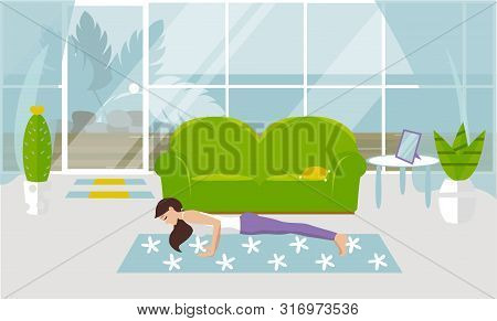 Vector Illustration The Girl Is Engaged In Yoga In The Pose Of Stap At Home, In A Cozy Living Room. 
