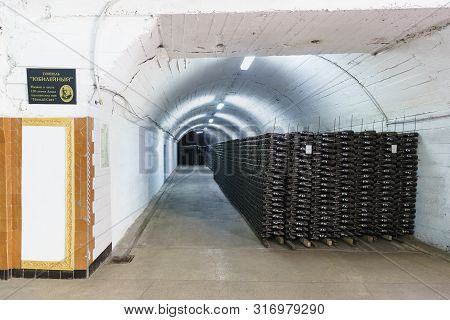 Novy Svet, Crimea, Russia - March 09, 2019: Stacks With Bottles Of Champagne Factory 