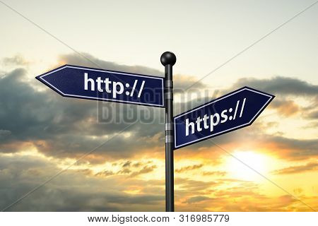 Arrow Road Signs Witdh Http And Https On The Sunset Sky. 3d Illustration