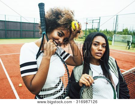 Young Pretty Girlfriends Hanging On Tennis Court, Fashion Stylish Dressed Swag, Best Friends Happy S