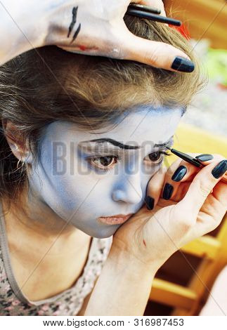 Little Cute Child Making Facepaint On Birthday Party, Zombie Apocalypse Facepainting, Halloween Prep