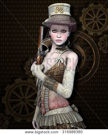 Beautiful And Dangerous Steampunk Girl With A Gun - 3d Illustration