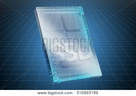 Visualization 3d Cad Model Of Solid State Drive Ssd, Blueprint. 3d Rendering