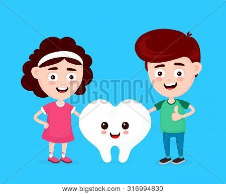 Cute Happy Funny Smiling Boy,girl And White Tooth. Vector Flat Cartoon Character Icon Design. Kids D