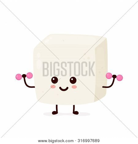 Cute Smiling Happy Strong Tofu Make Fitness Gym With Dumbbells.vector Flat Cartoon Character Illustr