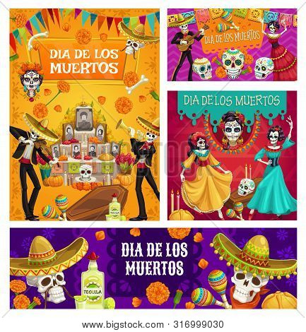 Day Of Dead Vector Sugar Skulls, Mariachi Skeletons And Catrina Calavera, Mexican Dia De Los Muertos