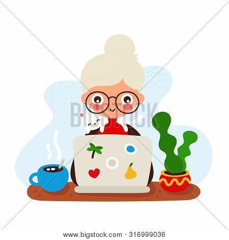 Cute Happy Smiling Old Woman At A Desk With A Laptop And Cat.vector Hand Drawing Flat Style Illustra