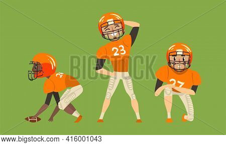 American Football Players Set, Rugby Players In Orange Sports Uniform Vector Illustration