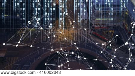 Composition of net of connections with digital interface over a roundabout in background. global technology, digital interface, connection and communication concept digitally generated image.