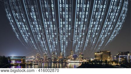 Composition of digital interface over a cityscape in background. global technology, digital interface, connection and communication concept digitally generated image.