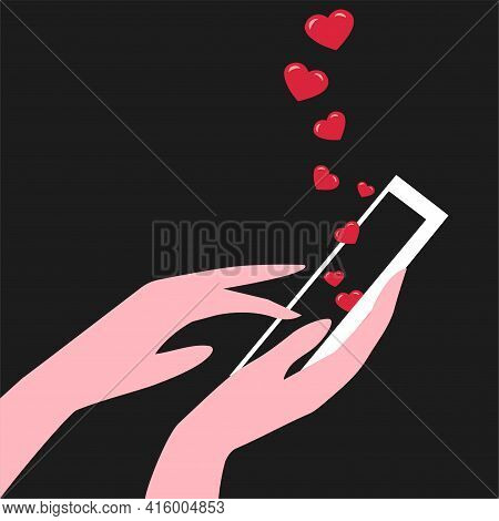 Female Hands With A Smartphone And Likes In Social Networks. Hearts Fly Out Of The Phone Screen. Vec
