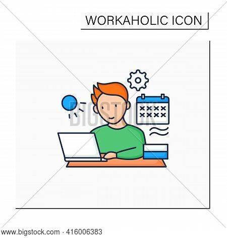 Workaholic Color Icon.work Through Vocation, Overtime. Work Despite Calendar Days Off. Man At Laptop